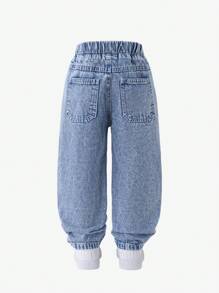 年轻男孩洗水浅蓝色牛仔裤，宽松直筒裤，做旧效果，时尚街头风格，休闲日常简约百搭，男孩牛仔裤 - 淺色水洗藍 - 查看 2