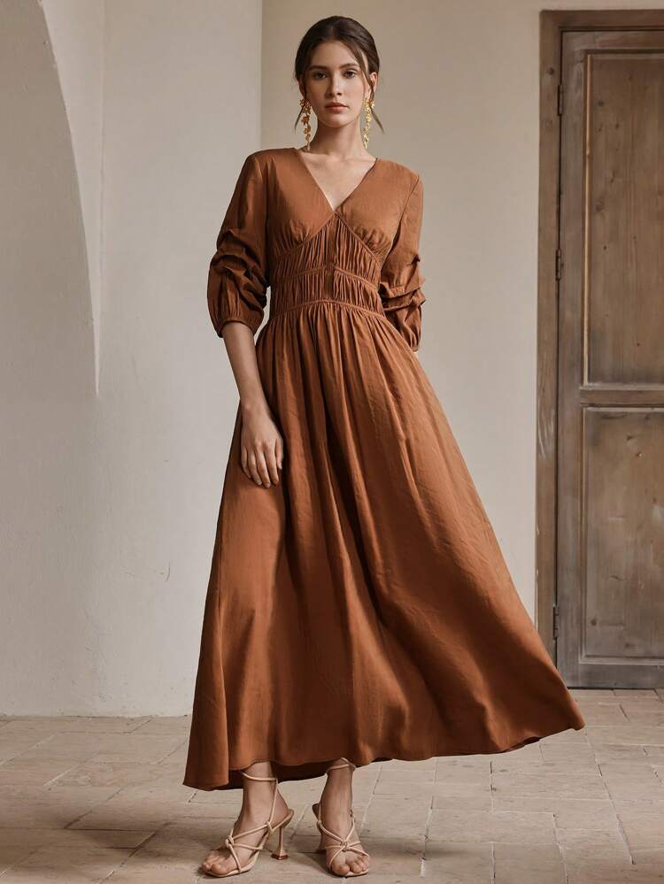 French Palace Style Vacation Beach Ruched V-Neck 3/4 Sleeve Ruffle Design Fitted Midi Dress, Elegant For Spring Festival Going Out Vacation Outfits
