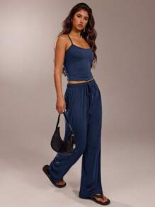 SHEIN Forever 21 2 件套女士休闲纯色吊带背心上衣和裤子套装