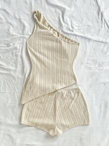 Soleia 2 bộ đồ thường ngày cho nữ áo không tay viền bất đối xứng màu trơn và quần short - trắng - Xem 2