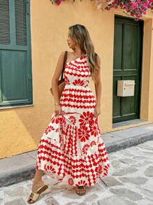 Breezaya Floral Print Asymmetric Collar Dress Maxi Vacation Beach Outfits Women