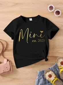 SHEIN 1pc Young Girl Casual Love Print Basic Short Sleeve T-Shirt, Family Matching Mommy And Me - Black - View 4
