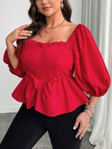 SHEIN Clasi Plus Size Women's Solid Color Square Neck Frill Puff Sleeve Heart Print Casual Spring/Summer Short Sleeve Shirt - Red - View 5