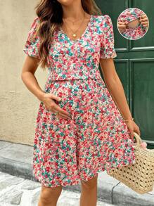 SHEIN Maternity Nursing Dress With Puff Sleeves And V-Neck, Ditsy Floral - Pink - View 1