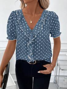 SHEIN Clasi Women's Elegant Ruffle Hem Colorblock Polka Dot Puff Sleeve Blouse - Dusty Blue - View 5