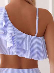 SHEIN Swim Women's Casual Random Striped Floral Print Ruffled Crop Top And Sexy High Waist Bikini Set, Spring/Summer - Multicolor - View 4