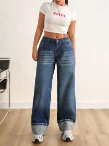 EURMUSE HIGH RISE WIDELEG JEAN WITH FOLDED UP HEM - Dark Wash - View 3