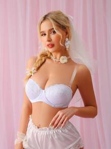 1pc Women's Lace Strapless Invisible Push-Up Underwired Lingerie Bra, Romantic And Minimalist Wedding Design - White - View 5