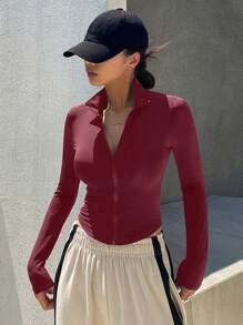 DAZY Autumn New Red Stand Collar Tight-Fitting Women Sports Jacket - Burgundy - View 1