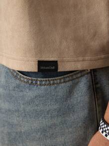 SWAVVY 男士针织时尚休闲宽松数字刺绣短袖T恤，夏季，学校，秋季 - 卡其色 - 查看 5