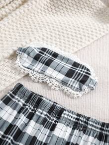 3 件套青少年女孩休闲黑白格子心形印花吊带背心、裤子和眼罩舒适睡衣套装 - 黑與白 - 查看 4