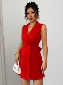 Elenzga 全新女式西装外套双排扣后背深 V 领蝴蝶结设计无袖修身派对俱乐部约会年轻百搭优雅小巧性感迷你连衣裙 - 紅色 - 查看 6