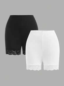 2pcs/Set Tween Girls Fitted Casual Minimalist Lace Trim Shorts And Leggings Set - Black and White - View 1