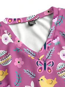 PopScrub Easter Rabbit & Egg Floral Pattern Casual Pullover Scrub Uniforms Top - White - View 4