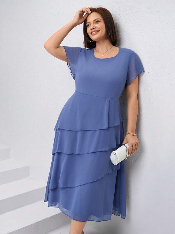 Chikora Rochie De Vară Simplu De Gât Rotund Dimensiuni Plus Cu Mâneci Volanate, Rochie Invitată Nunta