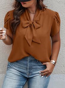 Calvaya Plus Size Elegant Tie Neck Short Puff Sleeve Solid Color Blouse, Office Wear For Summer