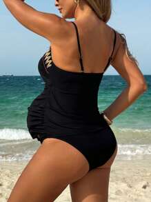 SHEIN Pregnant Women's Beach Wrap Spaghetti Strap Ribbed Camisole Tank Top Bikini For Summer Beach Vacation