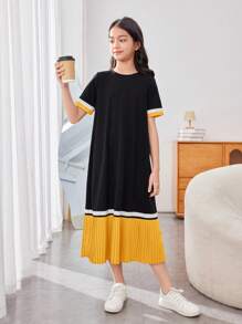 SHEIN Gaun Pullover Kasual Longgar Bermotif Patchwork Leher Bulat Panjang Sedang dengan Lipit untuk Anak Perempuan Remaja - Kuning - View 5