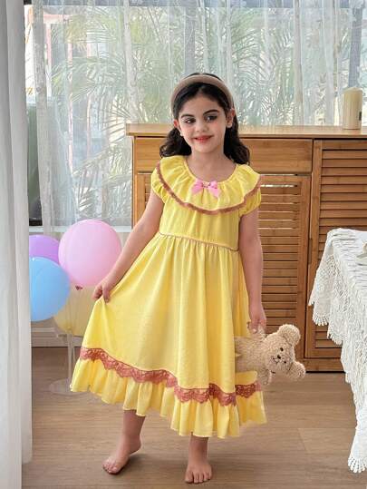 SHEIN Dozemod Young Girl Young Girl Cute Simple Round Neck Ribbon Bow Decor Ruffle Hem Pink Floral Decorative Long Puff Sleeve Ruched Nightgown, Graduation Pajamas