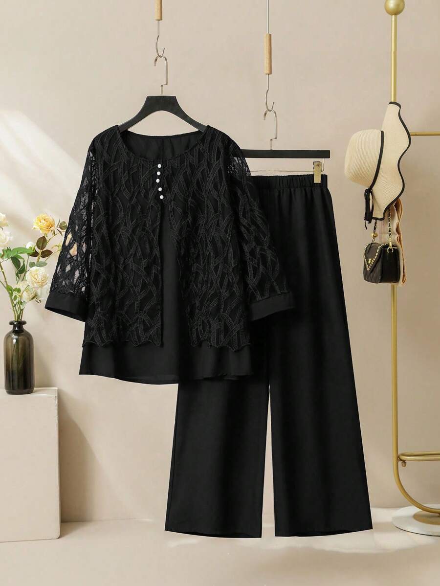 SHEIN Lacomfia 2 件套大码女士优雅网眼拼布圆领 3/4 袖宽松衬衫和松紧腰裤套装，春秋 - 黑色 - 查看 1