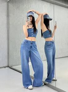 SHEIN EZwear 女士性感紧身弹力露肩牛仔上衣，蓝色 - 中等水洗藍 - 查看 6