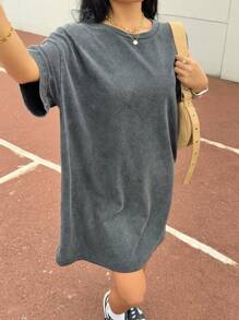 Muchica Black Snow Washed Oversized Short Dress For Women - Black - View 6