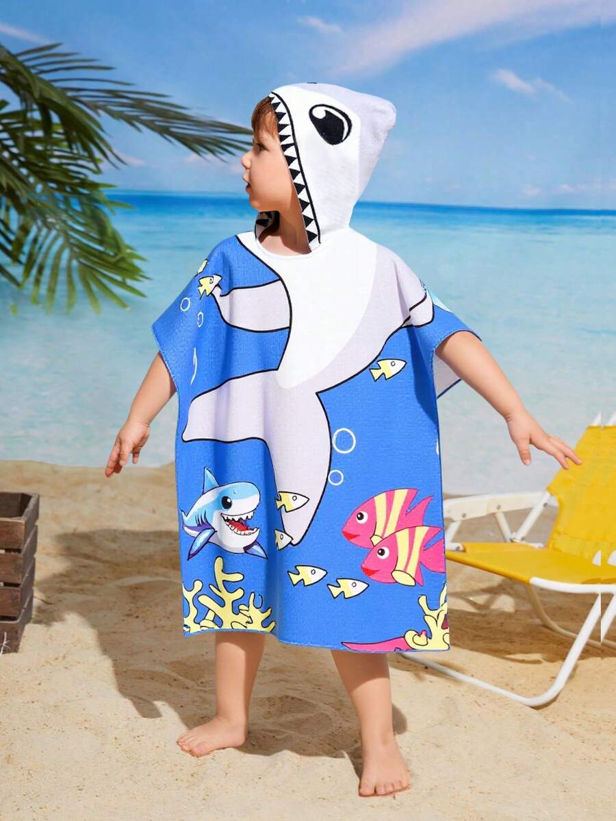 Kids Shark Pattern Hooded Bathrobe & Swimsuit Set - Multicolor - View 1