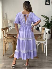 SHEIN Clasi Plus Size Solid Color Deep V-Neck Lace Patchwork Hollow Out Dress For Women, Elegant Women Dress - Mauve Purple - View 2