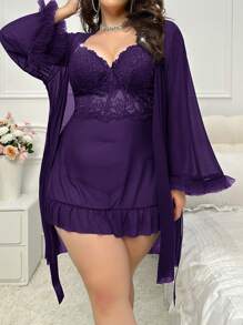 Plus Size Lace Patchwork Slip Dress & Bell Sleeve See-Through Robe Set, Waist Cinched Design