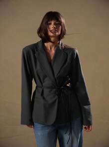MUSERA Áo khoác blazer oversize thắt lưng dây thừng thanh lịch công sở giản dị mùa hè mùa xuân kỳ nghỉ lễ tốt nghiệp tiệc cưới tiệc sinh nhật khách tiền cũ công việc - Màu xanh lam - Xem 1