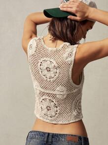 Bohemela BOHO Women's Solid Color Sleeveless Hollow Out Knit Shirt, Casual Vacation Wear - Apricot - View 5