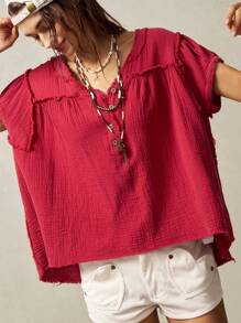 Bohemela Áo cánh nữ tay ngắn thường ngày màu trơn xếp nếp cài nút - Đỏ - Xem 5