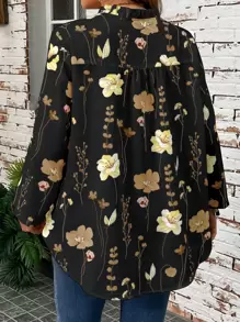 EMERY ROSE Plus Size Women Floral Print V-Neck Cuff Sleeve Vacation Shirt - Multicolor - View 2