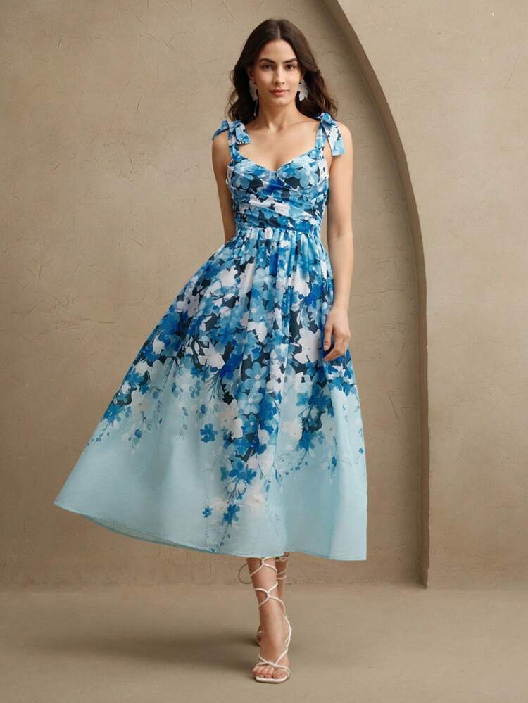 Floral Print Tied V-Neck Waist Flare Long Dress, Elegant And Stylish For Festival, Going Out, Vacation Outfits, Women Summer Sun Dress Women Dresses Summer