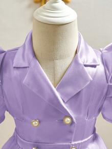 SHEIN Babygirl Summer Cute Satin Purple Short Sleeve Dress & Mesh Skirt Set - Mauve Purple - View 3