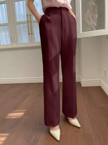 DAZY 女士纯色带口袋直筒商务休闲裤，女士低腰正装裤