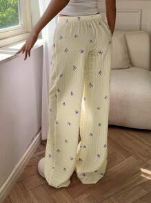 SHEIN PETITE CURVE 加大码优雅低腰性感女士舒适长裤，蝴蝶结条纹印花，百搭