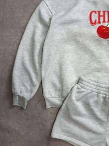Attitoon 2pcs Casual Cherry Print Loose Cropped Hoodie And Sweatshirt Set Back To School Autumn And Winter - Grey - View 5