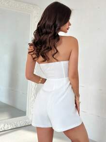 Firerie Combinaison blanche élégante, minimaliste, sexy, raffinée, romantique, douce pour usage quotidien, mariage, vacances, avec nœud papillon, taille ajourée, plissée, sans bretelles. Printemps/Été - Blanc - Voir 4