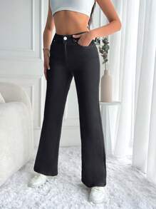 Cottnline Casual Solid Flare Leg Jeans - Black - View 4