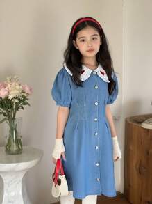 Tween Girl Casual Bleached Denim Dress With Heart Embroidery, Slim Fit Versatile Design For Everyday Wear, Chic And Fashionable - Light Wash - View 5