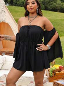 SHEIN LUNE Plus Size Women's Solid Flared Sleeve Off Shoulder Jumpsuit - Black - View 3