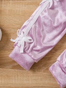 Set de 2 piezas de chaqueta y atuendo informal, cálido y lindo con decoración de moño, estilo universitario para niñas, apto para primavera y otoño - Púrpura malva - Ver 6