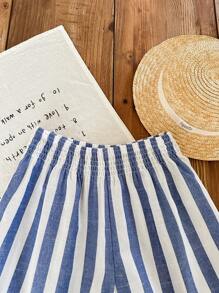 Tween Girls' Casual Wide Striped Elastic Waist Loose Vacation Shorts - Blue - View 5