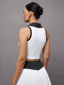 Activina 女士无袖撞色领印花短款简约 Polo 衫 - 黑與白 - 查看 2