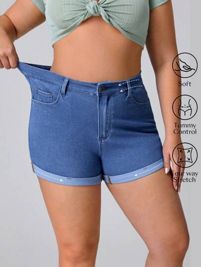 SHEIN CURVE+ 大码女式夏季牛仔风格弹力针织做旧浅蓝色迷你短裤