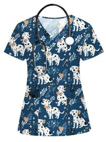 PopScrub Women's Cartoon Dog Graphic Navy Blue Nurse Uniform Top,V Neck Short Sleeve Frosted Scrub Work Wear With 2 Pockets,Soft Stretchy Maid Blouse Shirt - Blue - View 1