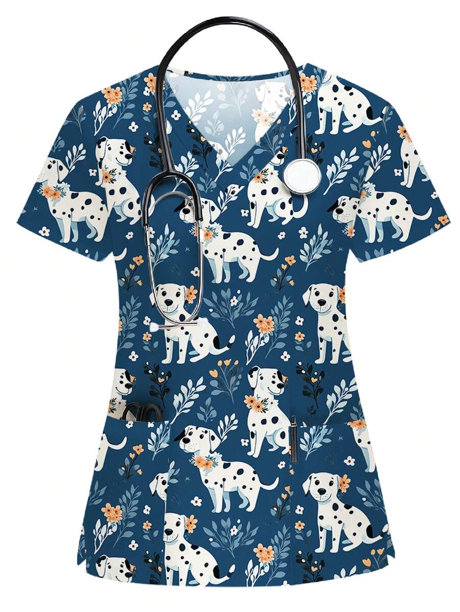 PopScrub Women's Cartoon Dog Graphic Navy Blue Nurse Uniform Top,V Neck Short Sleeve Frosted Scrub Work Wear With 2 Pockets,Soft Stretchy Maid Blouse Shirt - Blue - View 1