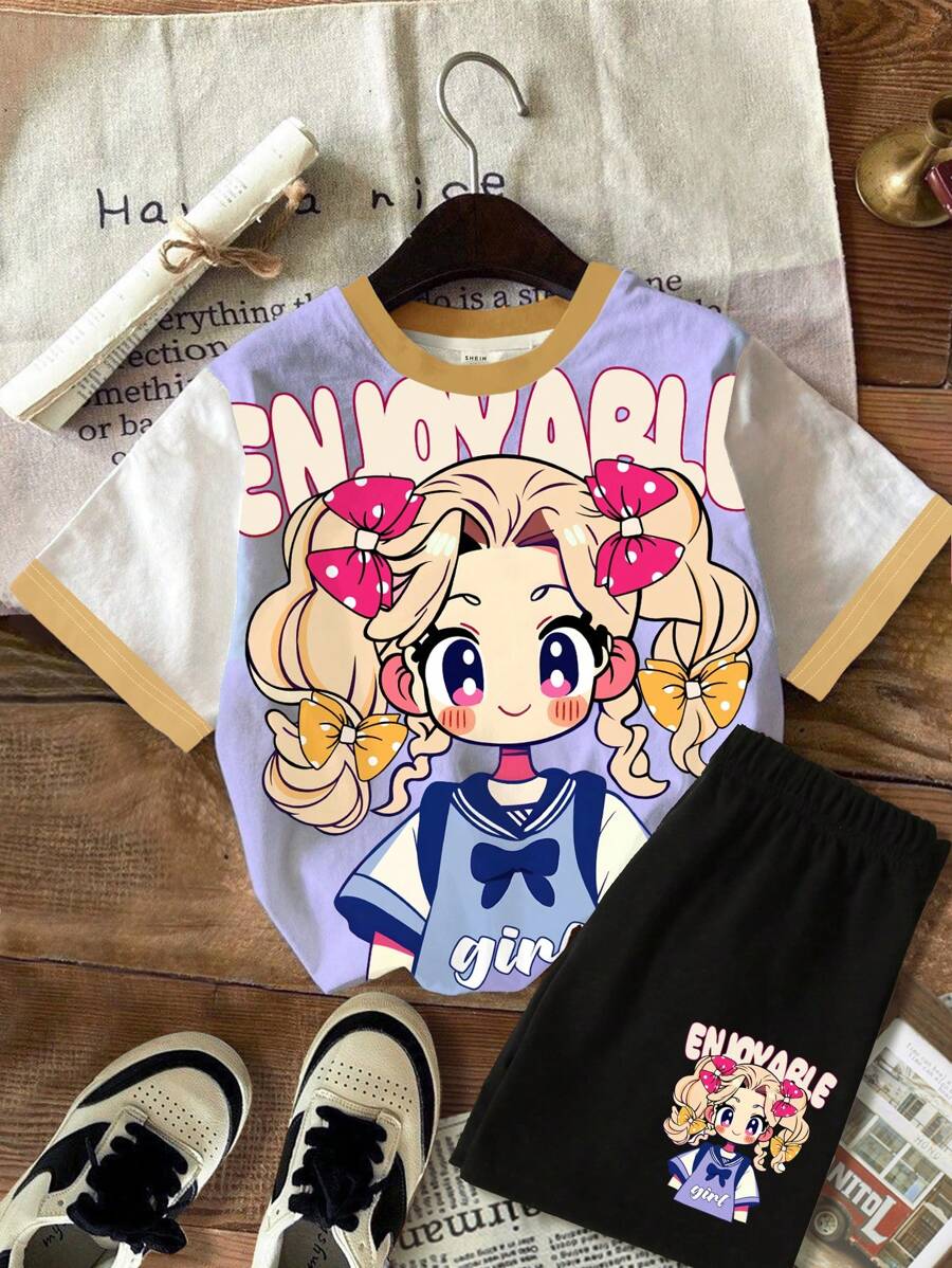 SHEIN Leap Crew 2 件套年轻女孩休闲简约短袖 T 恤和短裤夏季服装 - 白色 - 查看 1