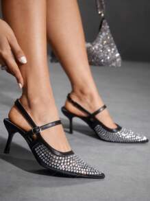 CUCCOO SZL Women Black Metallic PU Pointed Toe Fashion Sexy Mesh Rhinestone T-Strap High Heel Pumps For Party, Nightclub - Black - View 3